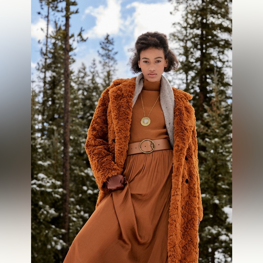 NEW Anthropologie Brown Faux Fur Long Double Breasted Preppy Button Coat S 6 - Picture 3 of 11